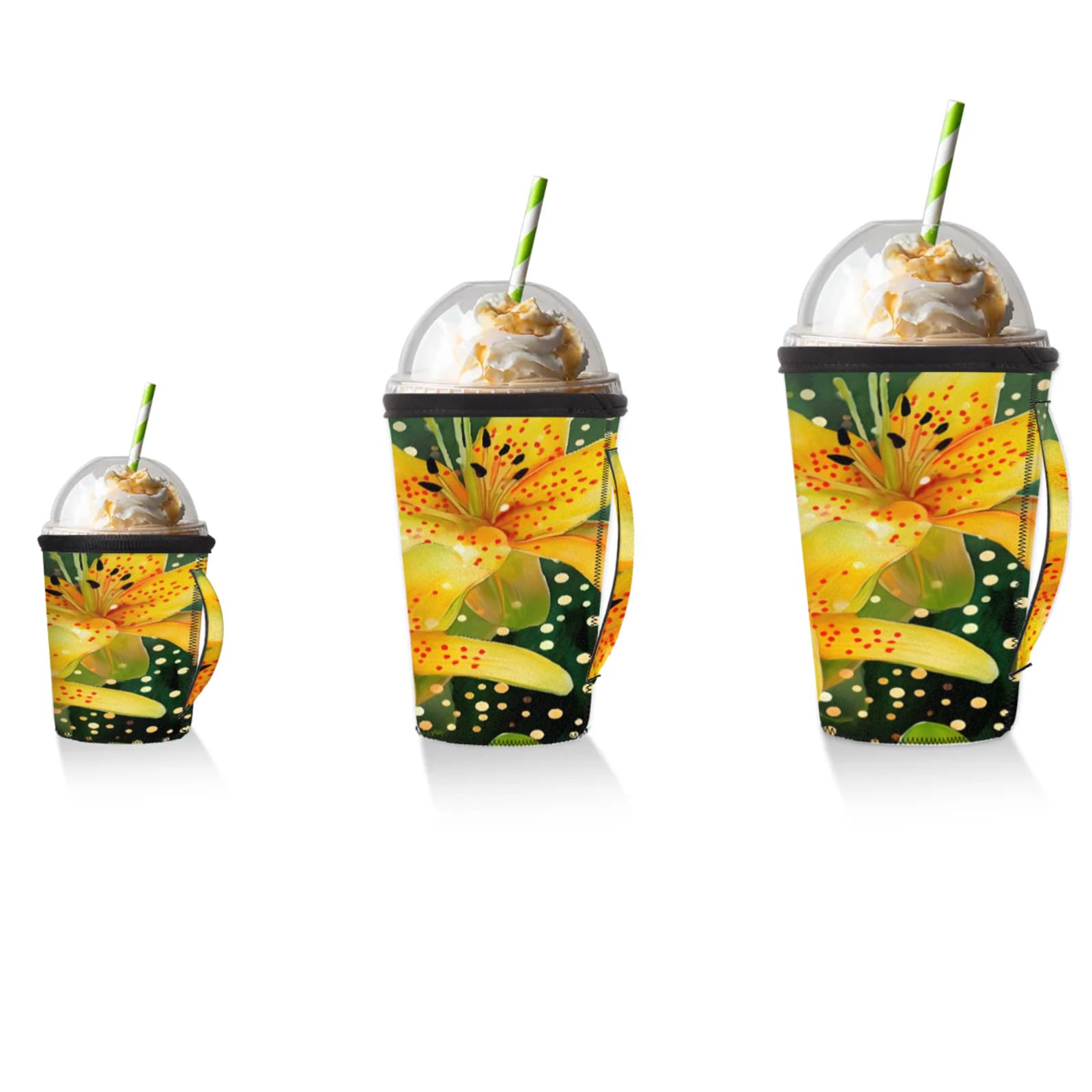 Lilies Yellow Reusable Neoprene Coffee Sleeve with Handle Insulated Iced Coffee Cup Holder Reduces Condensation Fits 24-28 oz Cups M
