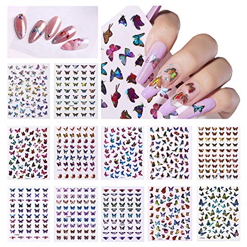 Nail Art Stickers for Acrylic Nail Butterfly 3D Nail Decals 12 Sheets Colorful Butterfly Foil Nail Supplies Women DIY Nail Decor