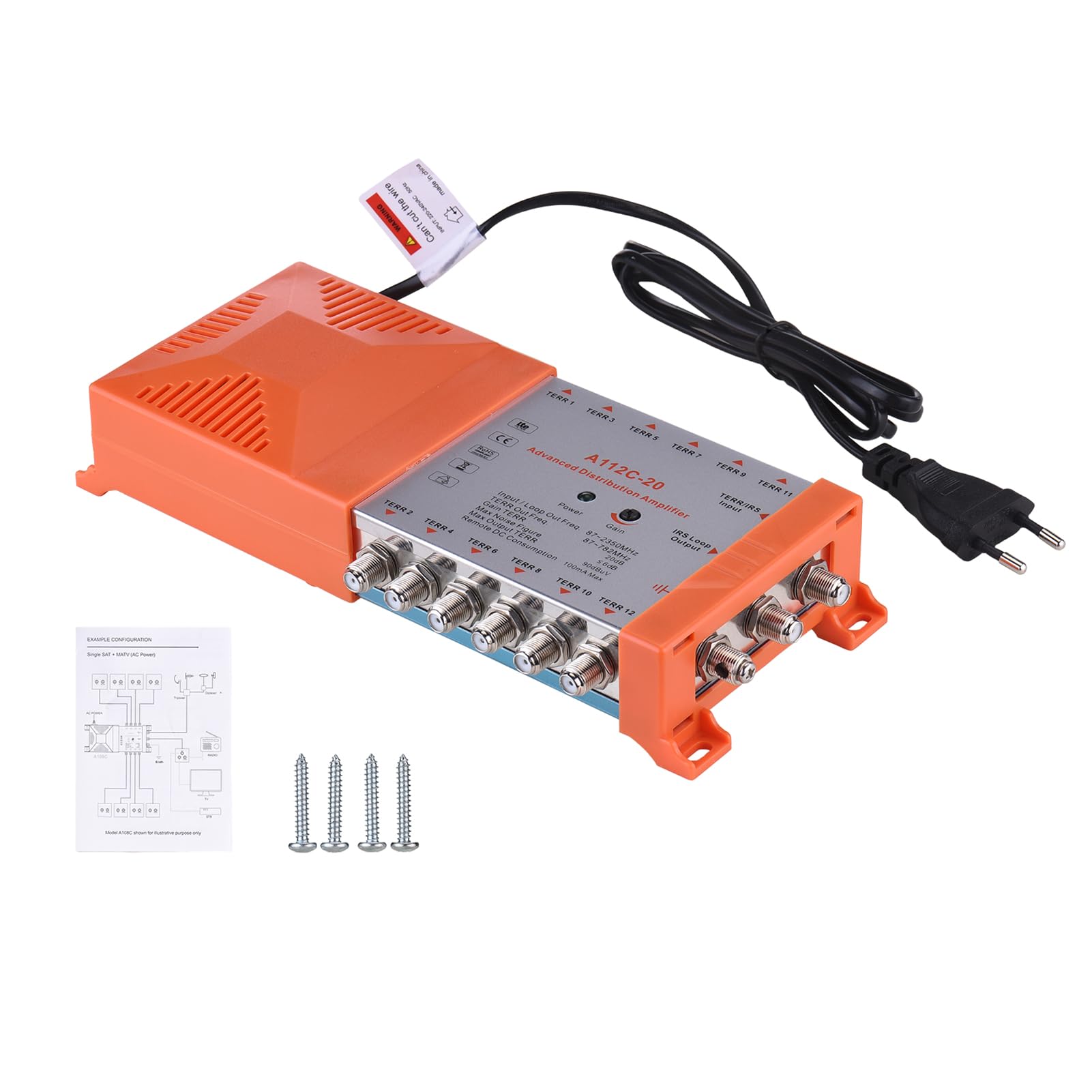 Walmeck Amplificatore di Distribuzione Compatibile IRS, Amplificatore a 12 Guadagna 20 Db per Segnali TV e Radio Deboli, a Basso Rumore, Filtro 4G, Montato a Parete, Loop-Through IRS (Plug 230V)