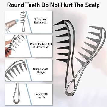 Shark Comb, Wide Tooth Comb Curly Hair Comb Anti-Static Afro Hair Comb for Men, Oil Shape Comb Retro Style (Black, Grey) 2 Pieces
