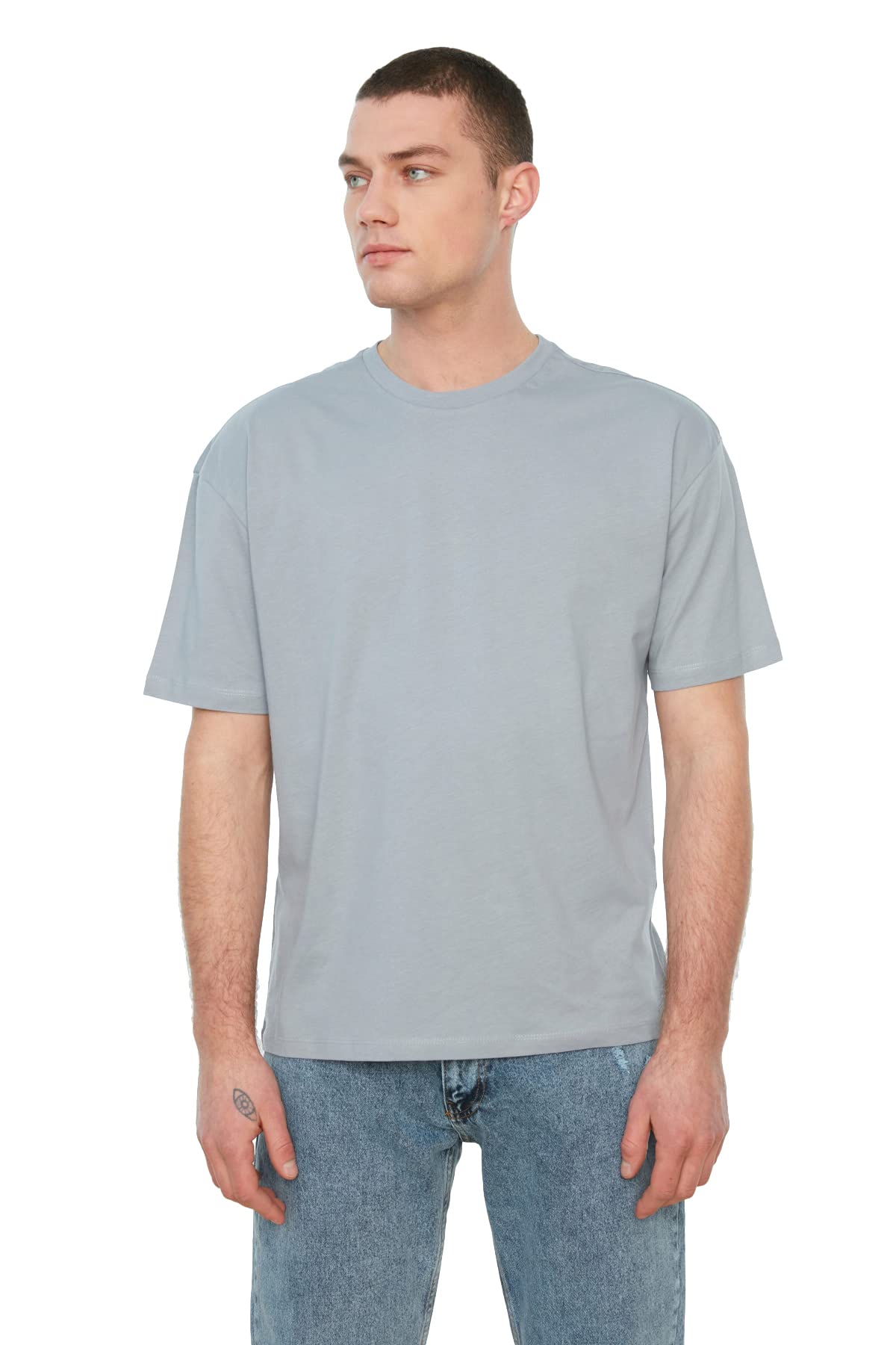 Trendyol Herren Grau Man Relaxed Standard Crew Neck Knit T-Shirt