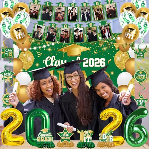 Image of Holkcog 2026 Graduation Decorations, Green Gold Class of 2026 Congrats Graduation Backdrop, Balloons, Honeycomb ornament for Graduation Party Decorations, Outdoor Indoor Grad Party Decor Supply