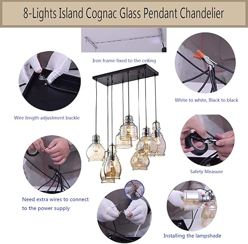 Miniatura 6 de FM-24 - Lámpara colgante de cristal de coñac con 8 luces, estilo vintage, acabado negro antiguo, para comedor, cafetería, bar