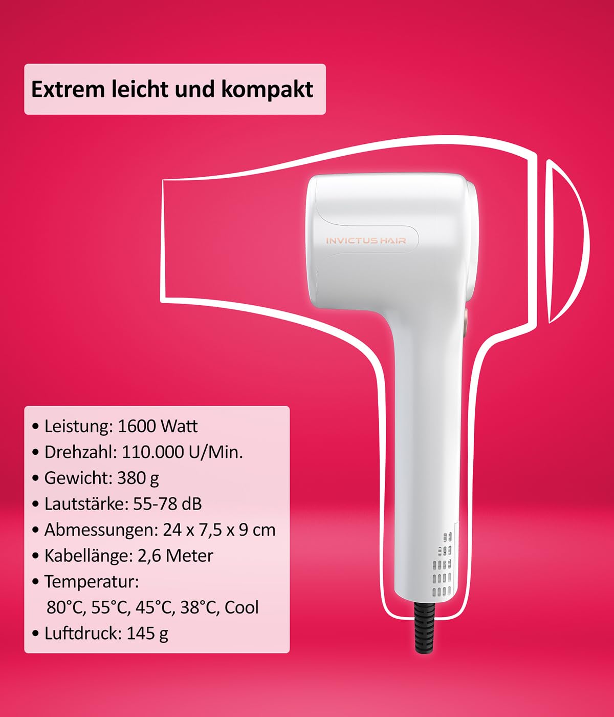 Genius Invictus Föhn Hair D7 Ionen Haartrockner 5 tlg, Reisefön Fön mit 1 Diffusor 3 verschiedene Stylingdüsen, 5 Temperatur- und 3 Geschwindigkeitsstufen, 1600 W Hair Dryer für schnelles Trocknen