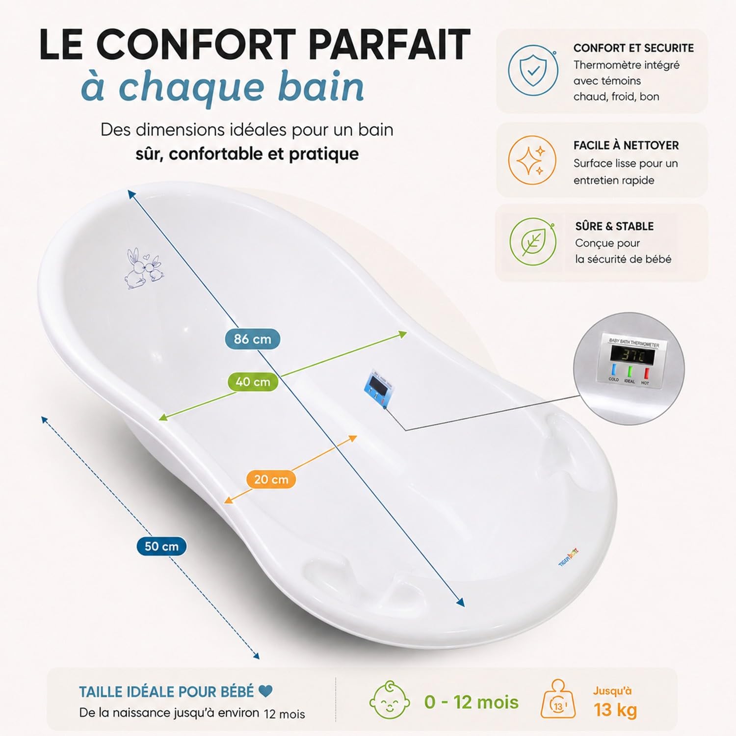 Bañera para bebé con termómetro de conejo de 86 cm + pie + manguera