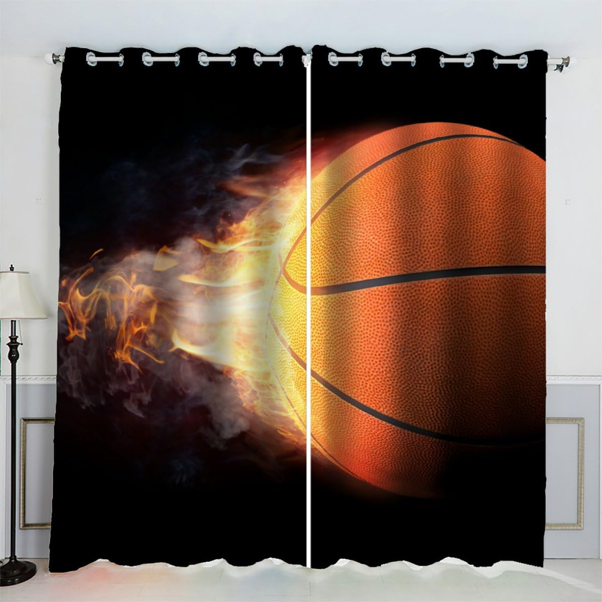 AKATIE Blackout Curtain Art Basketball Kid Insulated Drapes Flame 3D Print Eyelet Window Curtains for Boys Girls Teens Children kids Bedroom Set of 2 Panels (W150xL166cm)