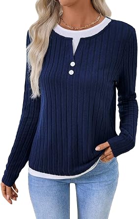 Womens Long Sleeve Button Sweaters Fake Two-Piece Pullover Tops for Women