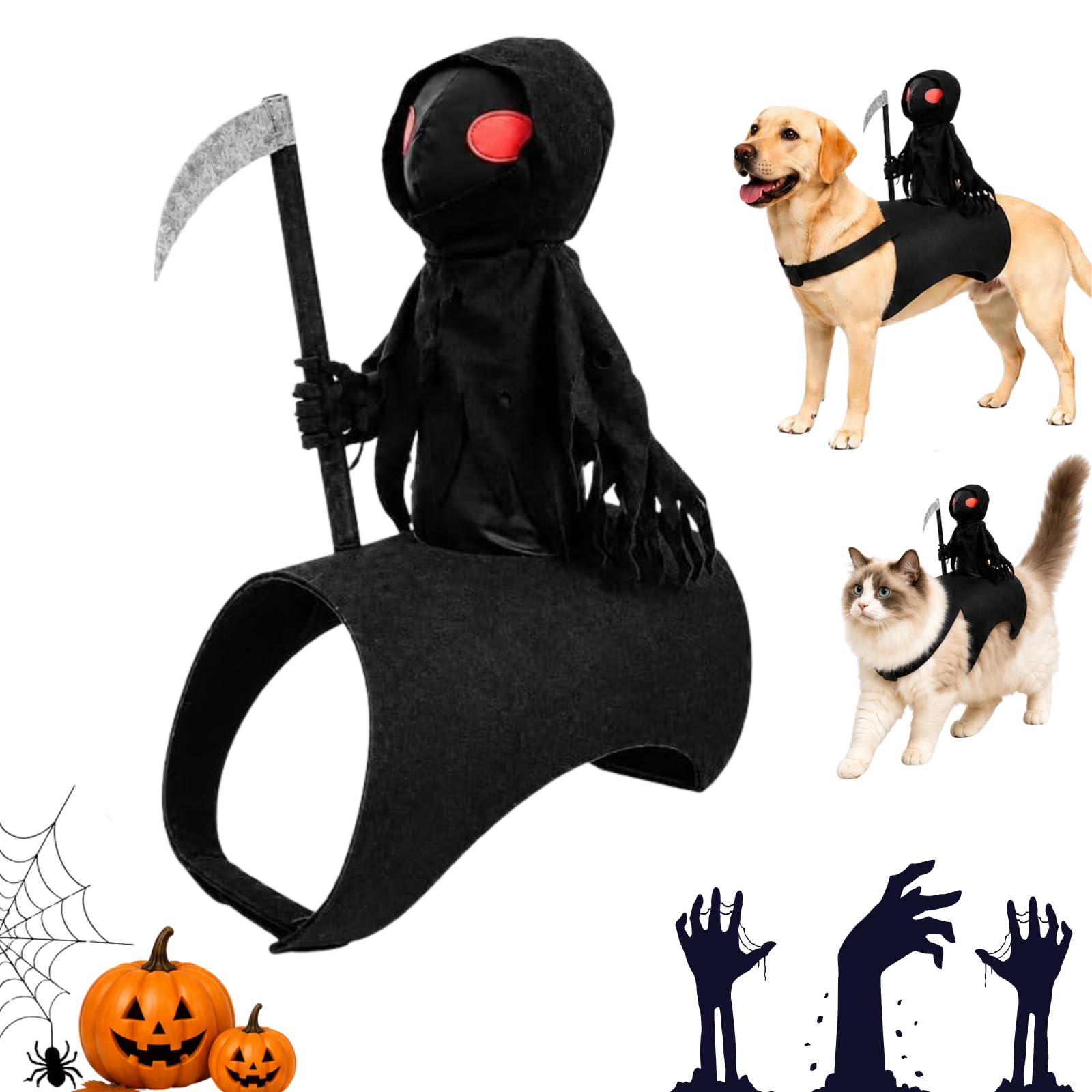 Pet Halloween Grim Reaper Rider Costume, 3D Cosplay Outfit for Dogs Cats