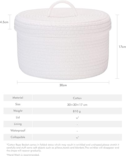 Miniatura 34 de Sea Team Round Cotton Rope Storage Basket with Lid, Lidded Woven Storage Bin, Nursery Storage Container, Diaper Caddy, Baby Shower Basket, Box, Cream