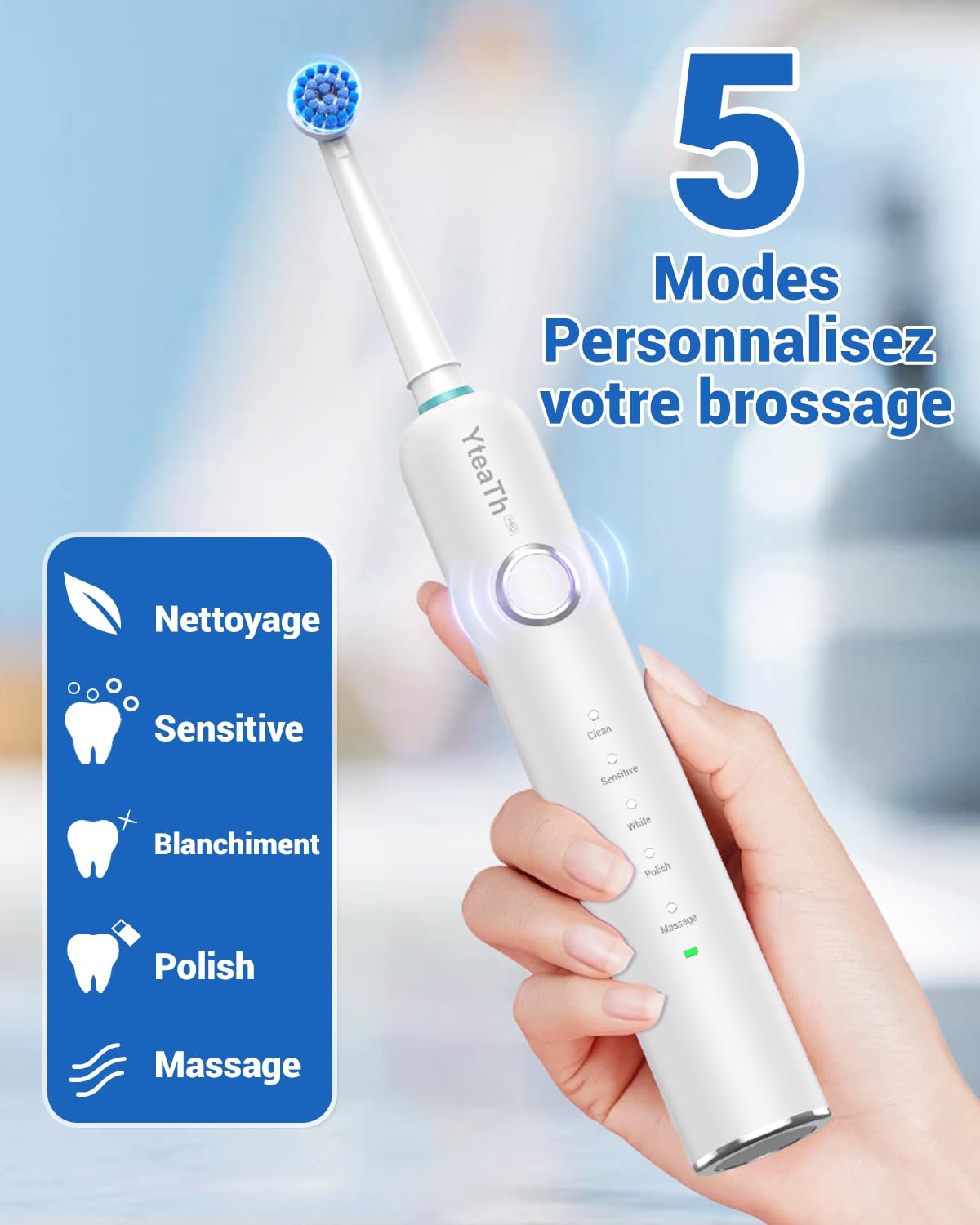 Spazzolino Elettrico Rotante per Sbiancamento Dentale - Spazzolino Rotante per Adulti, 8 Testine e Custodia da Viaggio, 5 Modalità, Impermeabile IPX7, Spazzolino Elettrico Ricaricabile, Bianco