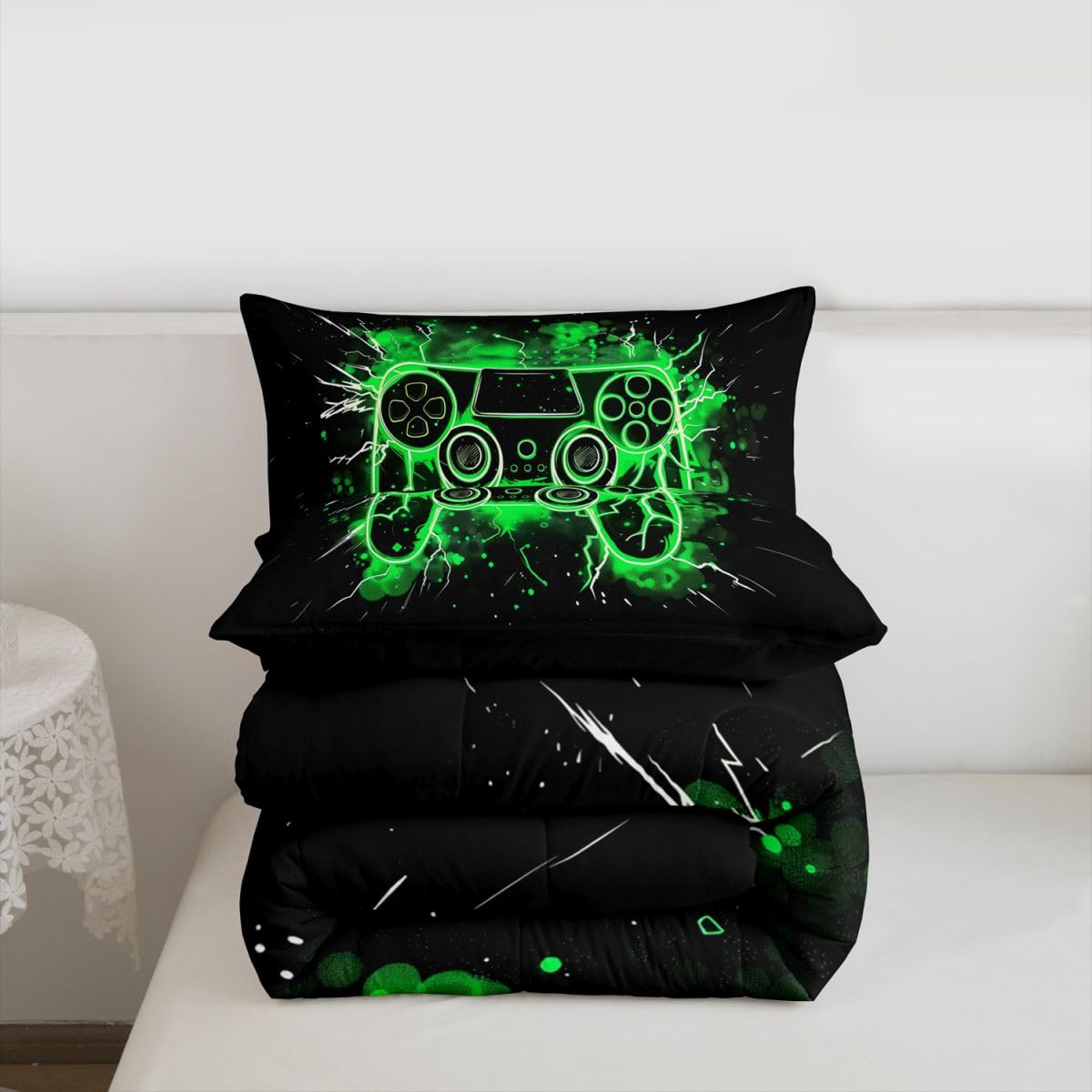 Homemissing Gamer kołdra zestaw pościeli do gier dla dzieci chłopców dziewcząt nastolatków wystrój pokoju gier wystrój king size nowoczesna konsola do gier kontroler zielony 3 szt. oddychająca miękka