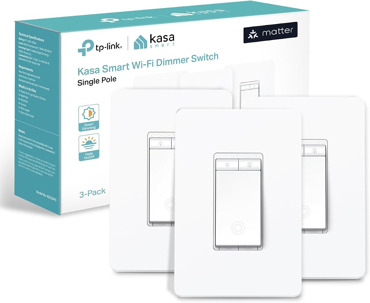Interruptor atenuador inteligente Kasa Matter: control de voz con Siri, Alexa y asistente de Google, certificado UL, temporizador y programación, instalación guiada fácil, requiere cable neutro, unipolar, Wi-Fi de 2,4 GHz, paquete de 3