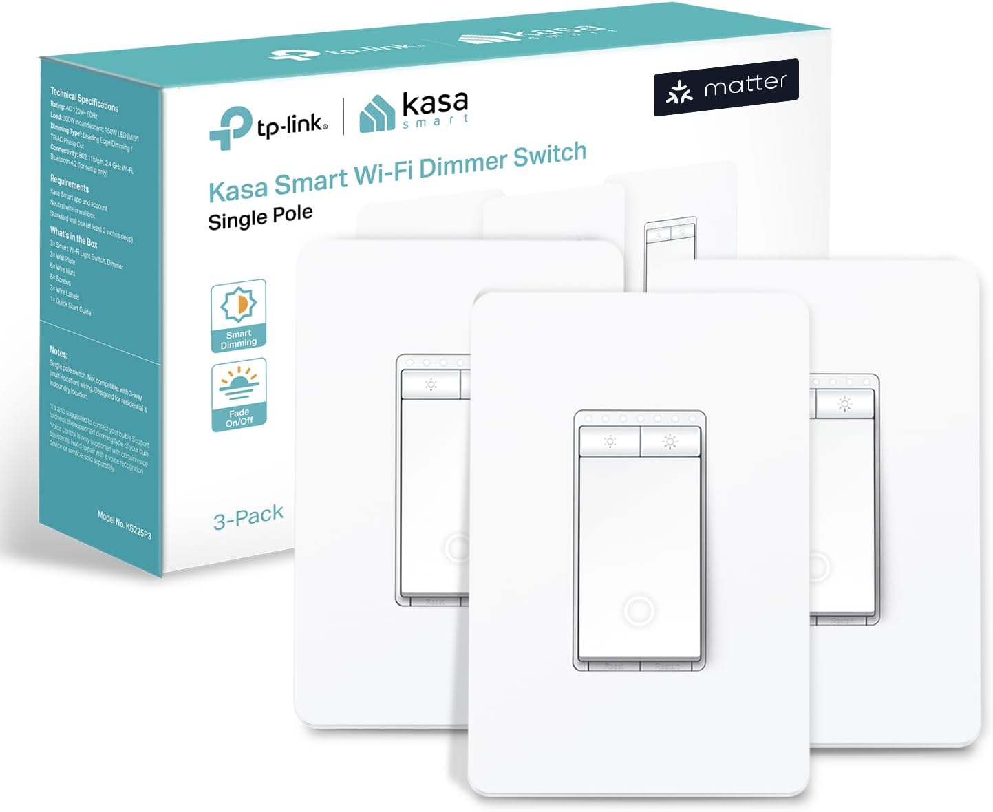 Kasa Smart Kasa Matter Smart Dimmer Switch: Voice Control w/Siri, Alexa & Google Assistant,UL Certified, Timer & Schedule, Easy Guided Install,Neutral Wire Required, Single Pole, 2.4GHz Wi-Fi, 3-Pack