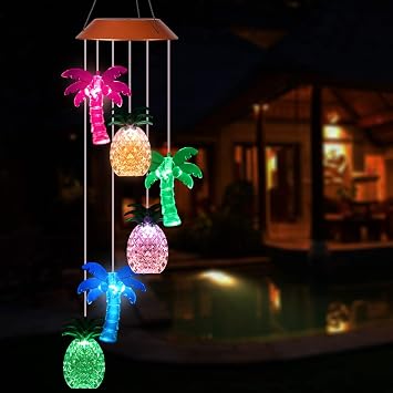 Solar Coconut Tree Pineapple LED Wind Chimes Outdoor - Waterproof Solar Powered Changing Light Color Trees Pineapples Mobile Romantic Wind-Bell for Home, Party, Festival Decor, Night Garden Decoration