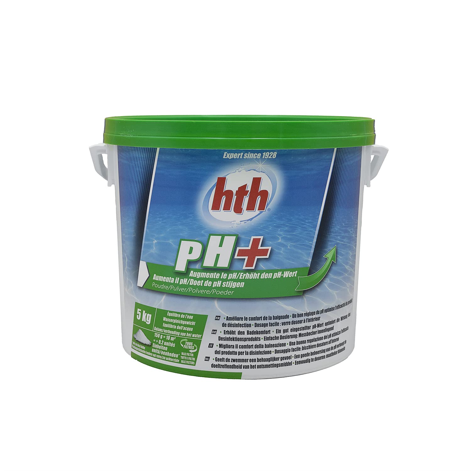 HTH pH Plus Poudre - 5kg | Correcteur de pH Solide - Augmente Le pH + 10 Tests HPS OFFERTS 6 en 1