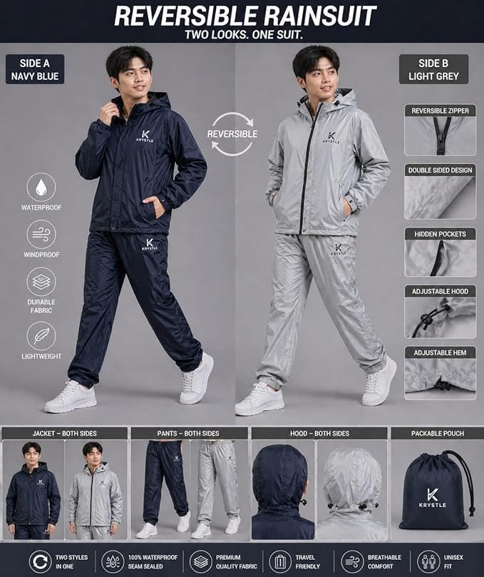 Image of Krystle Women's Waterproof Rain Suit Set - Jacket & Pants | Windproof & Lightweight (Blue,Medium)