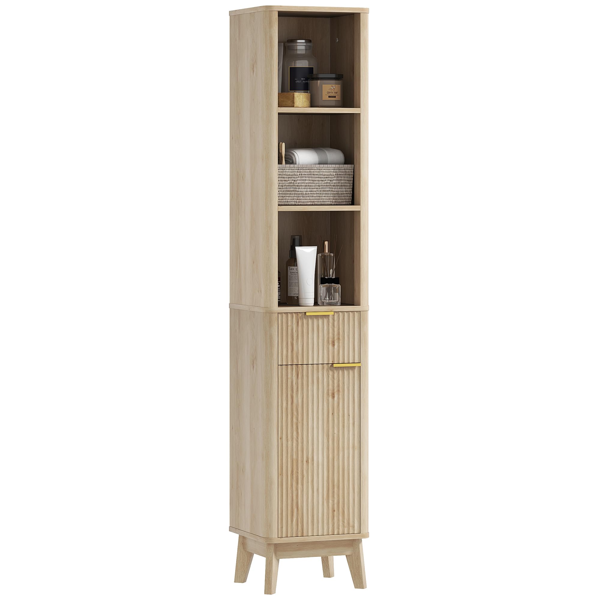 HOMCOM Mueble de Baño Estrecho Puerta de Acanalado 33x30x170 cm Natural | Columna de Baño, Cajón, 3 Compartimentos Abiertos, Estantes Ajustables