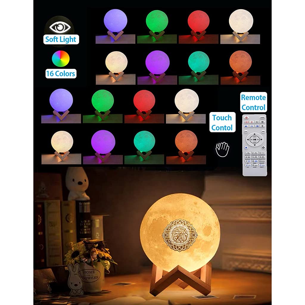 Veilleuse de Lune d'impression 3D avec Support, Contrôle à Distance et Tactile, Rechargeable par USB, Haut-Parleur sans Fil du Coran, Multi Langue