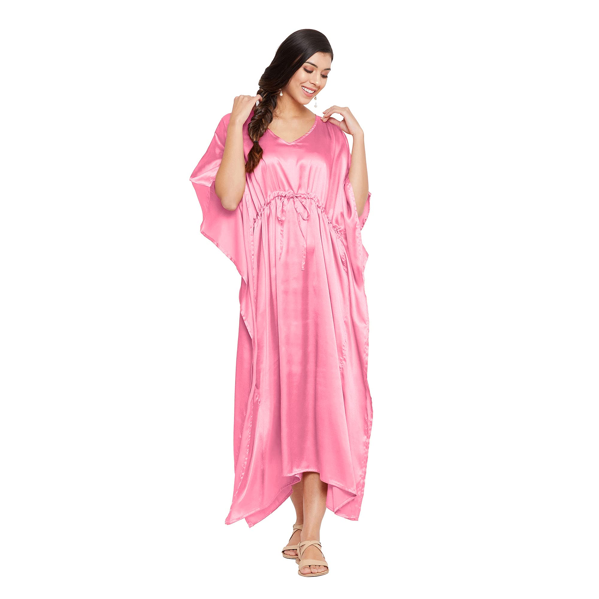 Gypsie BluWomen Plus Size Solid Satin Long Kaftan With Drawstring Nightgown House Dress Silk Caftan Nighty Sleepwear for Ladies Girls