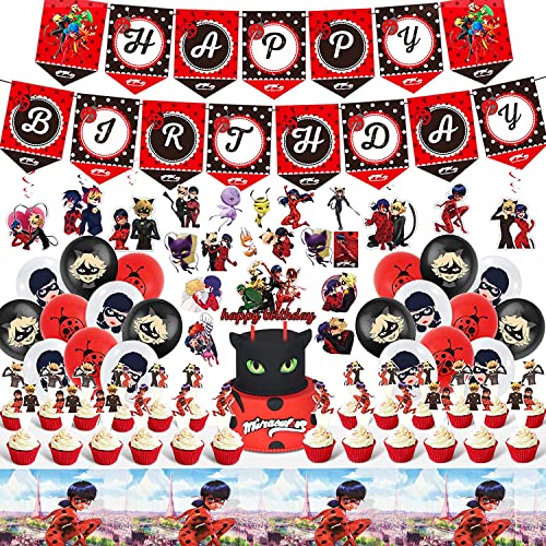 107 PCS Ladybug Girl Birthday Party Supplies Included Birthday Banner, Hanging Swirls, Cake Topper, Cupcake Toppers, Balloons, Tablecloth, Ladybug Theme Party Gift Stickers