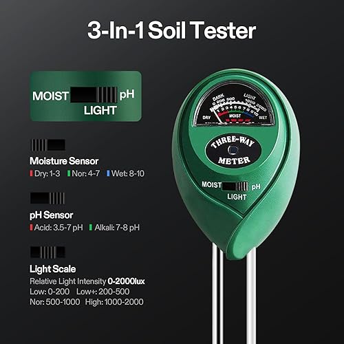 Vista 7 de VIVOSUN Medidor de pH digital, medidor 3 en 1 de TDS/EC/Temperatura, combo probador de humedad/pH/luz del suelo 3 en 1 para el hogar, jardín e Negro