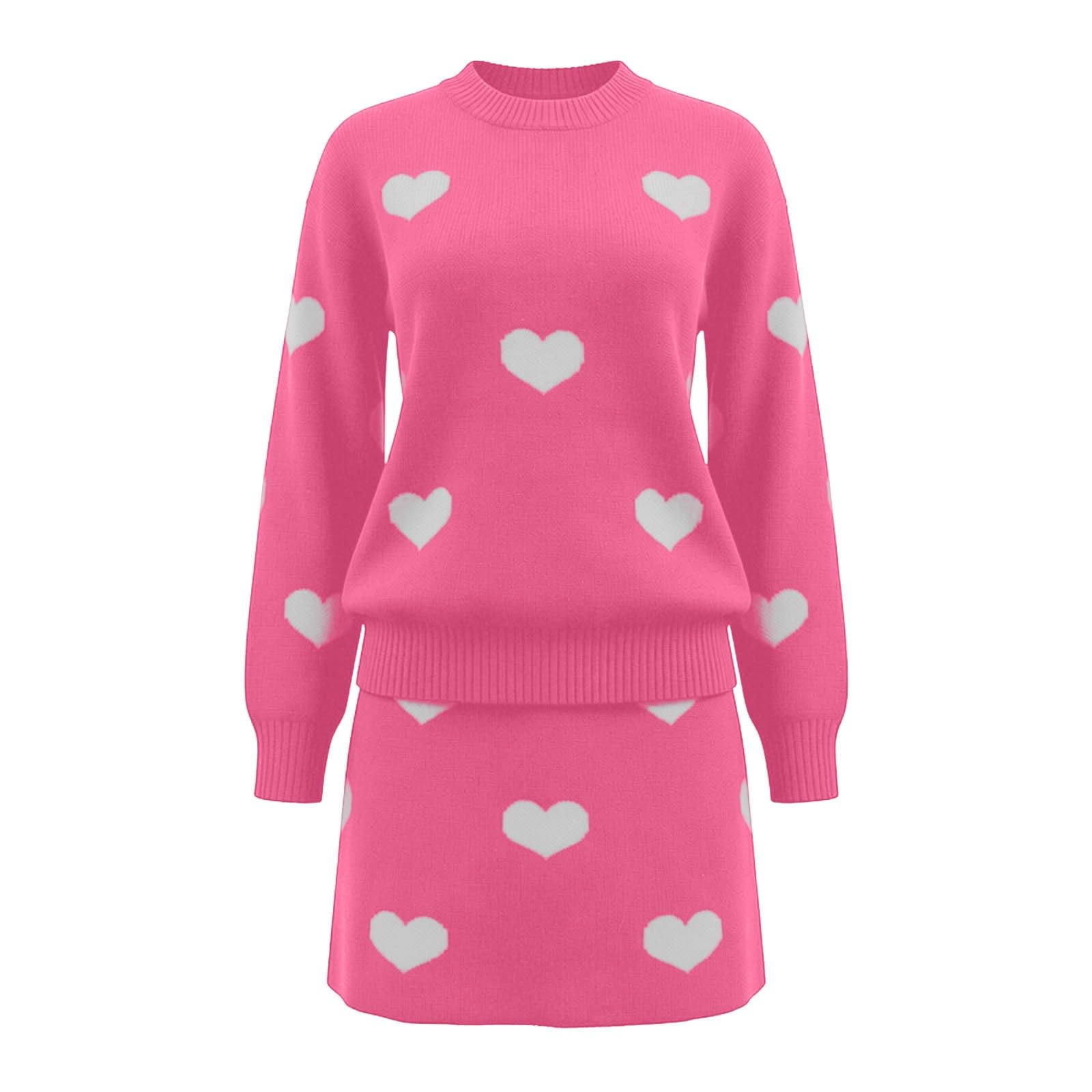 Ensemble deux pièces femme jupe et pull décontracté à motif cœur pour un style quotidien élégant