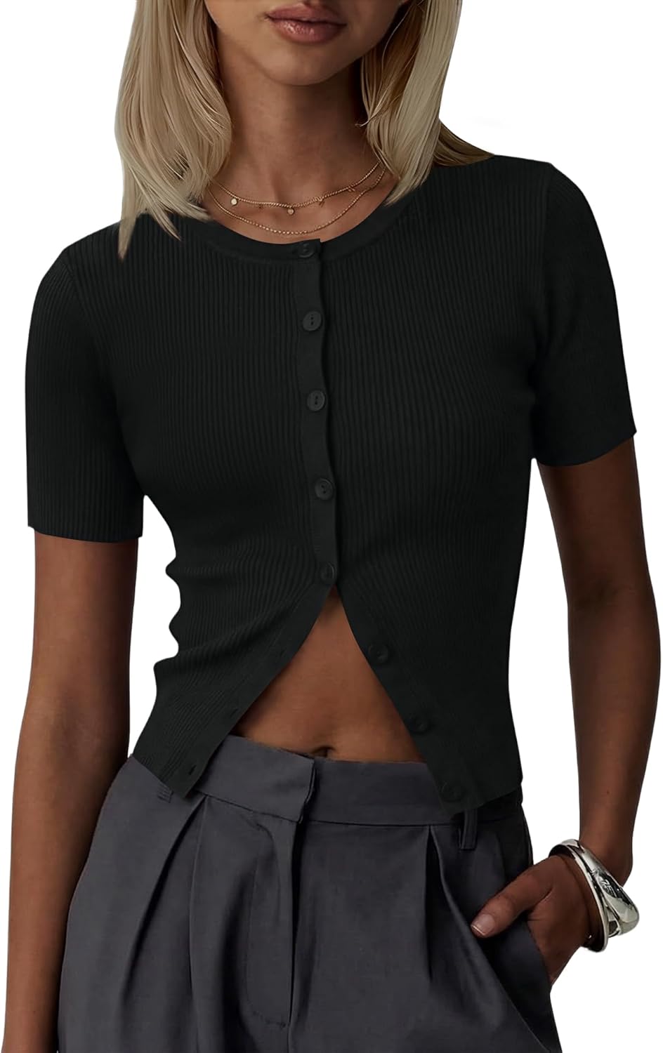 Kistore Womens Casual Summer Short Sleeve Sweater Cardigan Button Down Crew Neck Knitted Crop Cardigan Tops