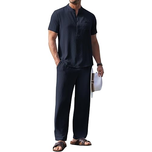 COOFANDY Mens Linen Sets 2 Piece Short Sleeve Henley Shirt and Beach Pants Set Casul Summer Vacation Outfit Set