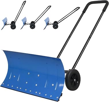 Snow Shovel Pusher, 29.13-inch Metal Snow Pusher with Wheels for Driveway, Adjustable Angle and Height Snow Pusher Shovel for Sidewalks, or Parking Lots