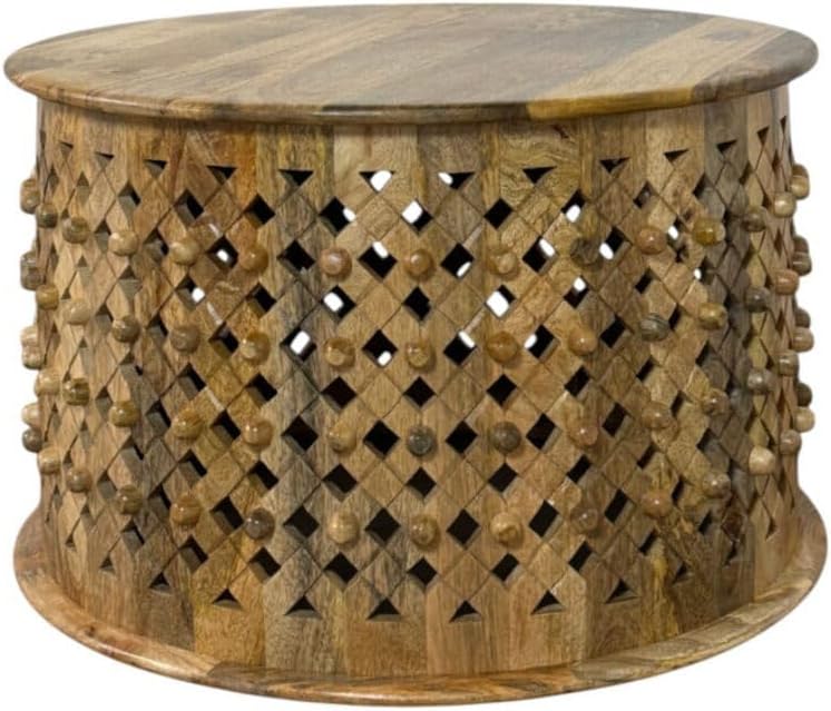 Carolina Chair & Table Lattice 30" Round Artisan Coffee Table - Elegant Finish Intricate Carving Solid Wood Accent Table - Compact Home Decor Furniture for Office, Bedroom, Living Room (Natural)