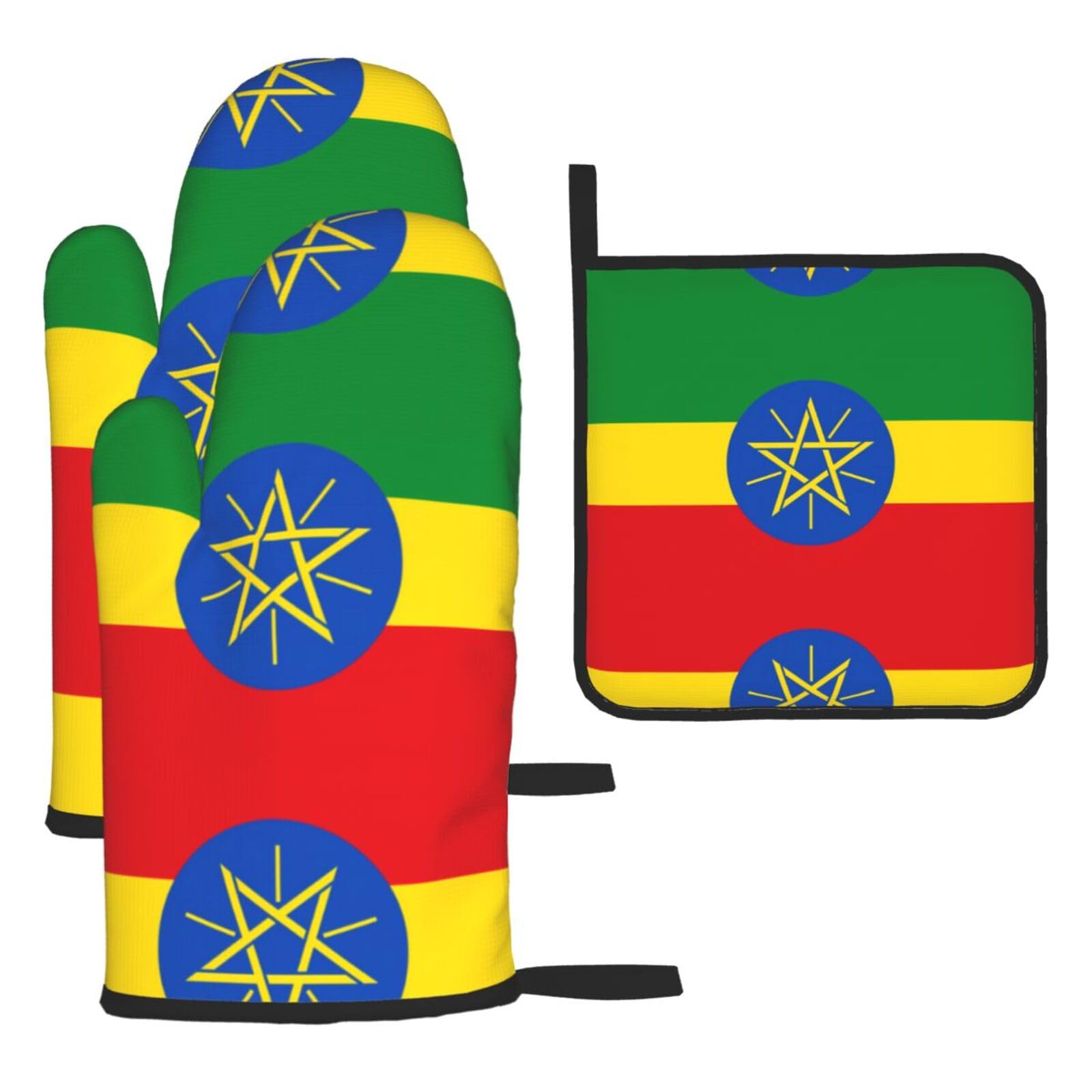Flag of Ethiopia Oven mittens and oven mitts three-piece set suitable for oven, grilling, baking, microwave and home cooking.