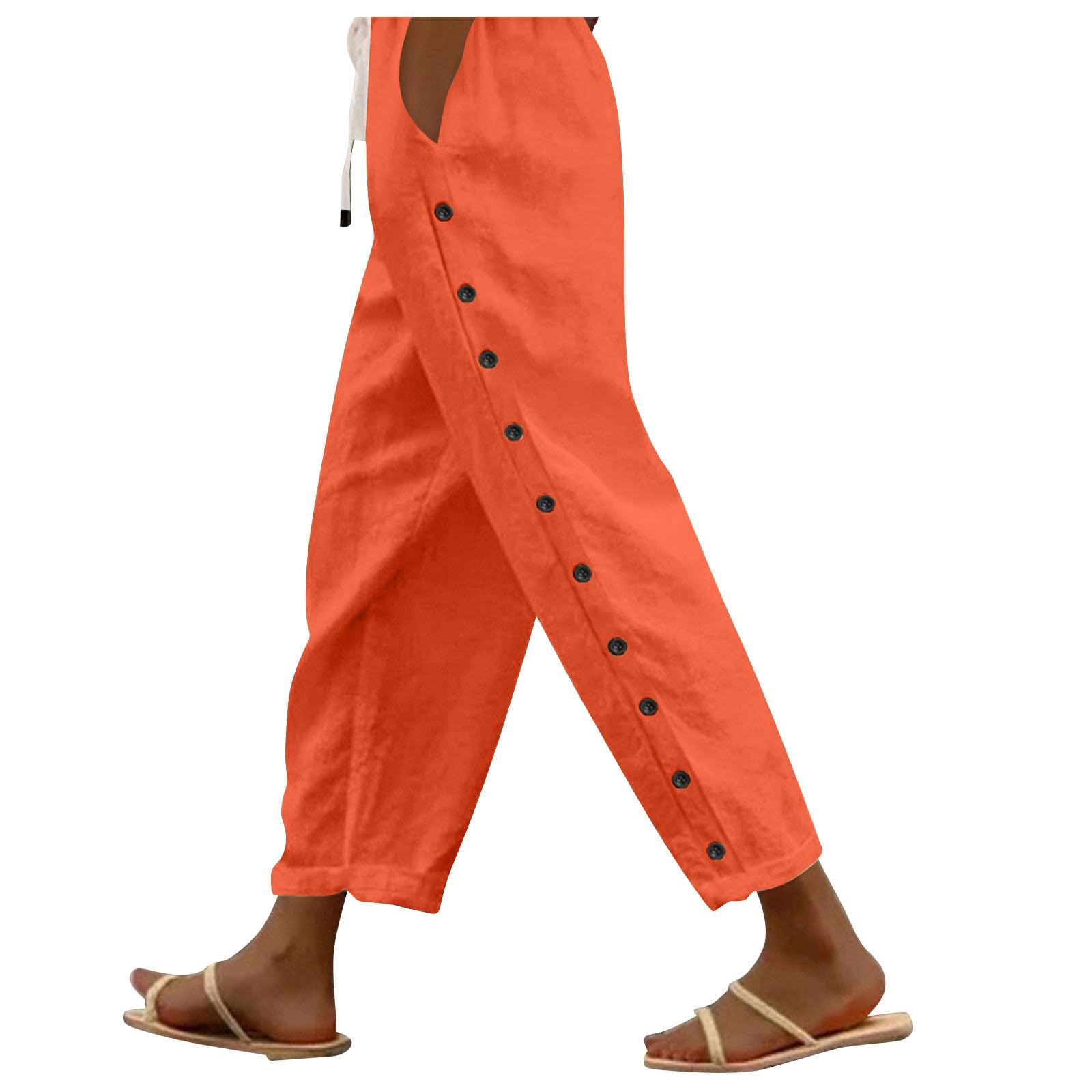 Striped Linen Pants Women Summer Casual Side Button Drawstring Pants Lightweight Boho Beach Pants Comfy Work Pants