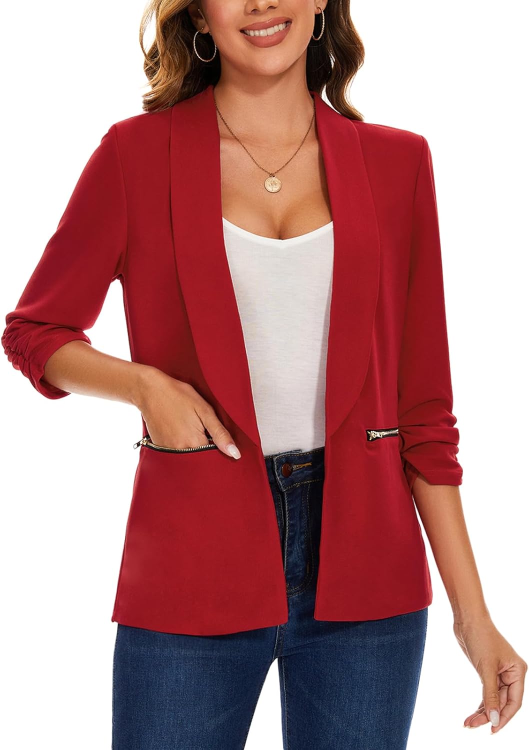 MINTLIMIT Womens Red Blazers Business Casual Open Front Suit Jacket Shawl Collar 3/4 Sleeve Blazer with Zipper Pockets,M - Image 2
