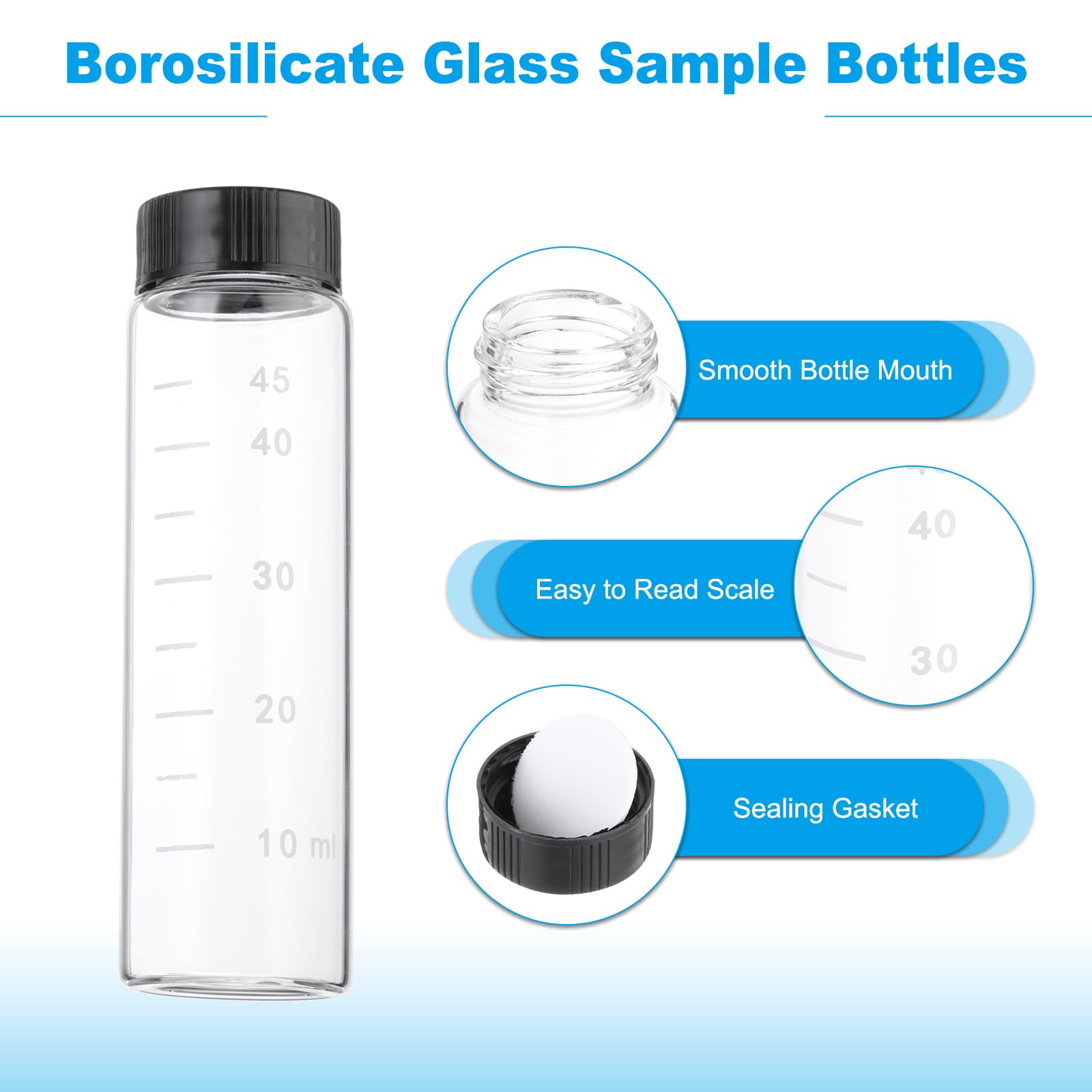 PATIKIL Lot de 5 petits flacons d'échantillons en verre transparent de 50 ml avec bouchons à vis noirs, mini flacons scellés pour réactif anti-fuite avec échelle pour le stockage de poudre liquide