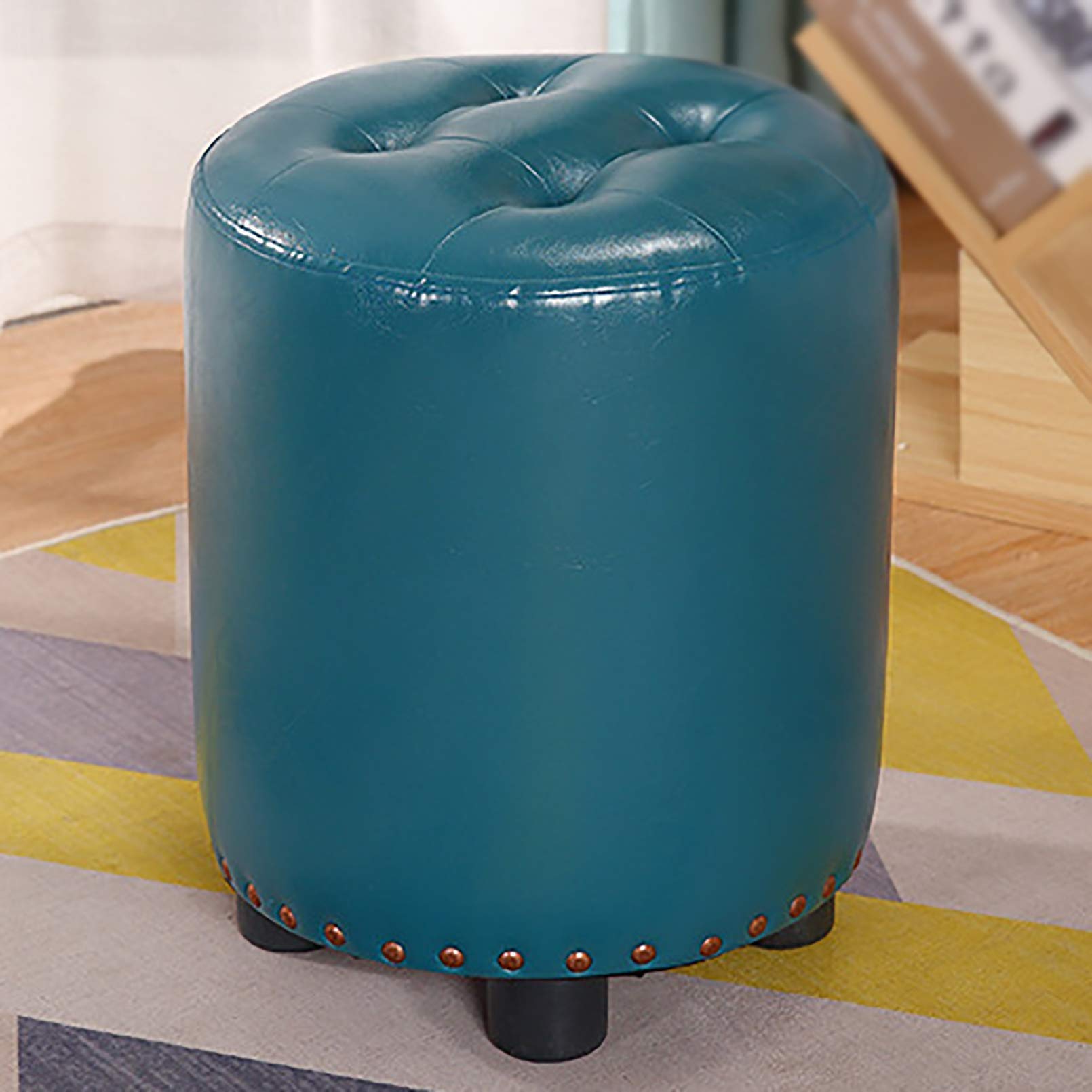Pouf Ottoman Bleu Petit Repose-Pieds Salon Siège en Mousse et Bois Massif