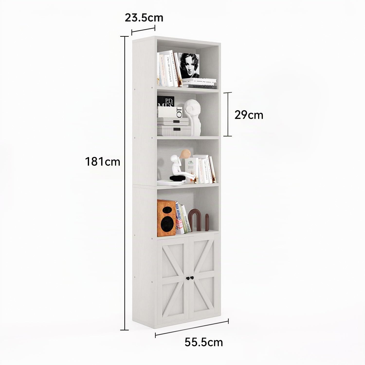 oneinmil Libreria Alta con Ante 6 Ripiani, Scaffale PortaLibri Moderno con Ante e Ripiani Aperti, Mobile Contenitore per Soggiorno, Ufficio, Camera da Letto, 55.5 x 23.5 x 181 cm, Bianco