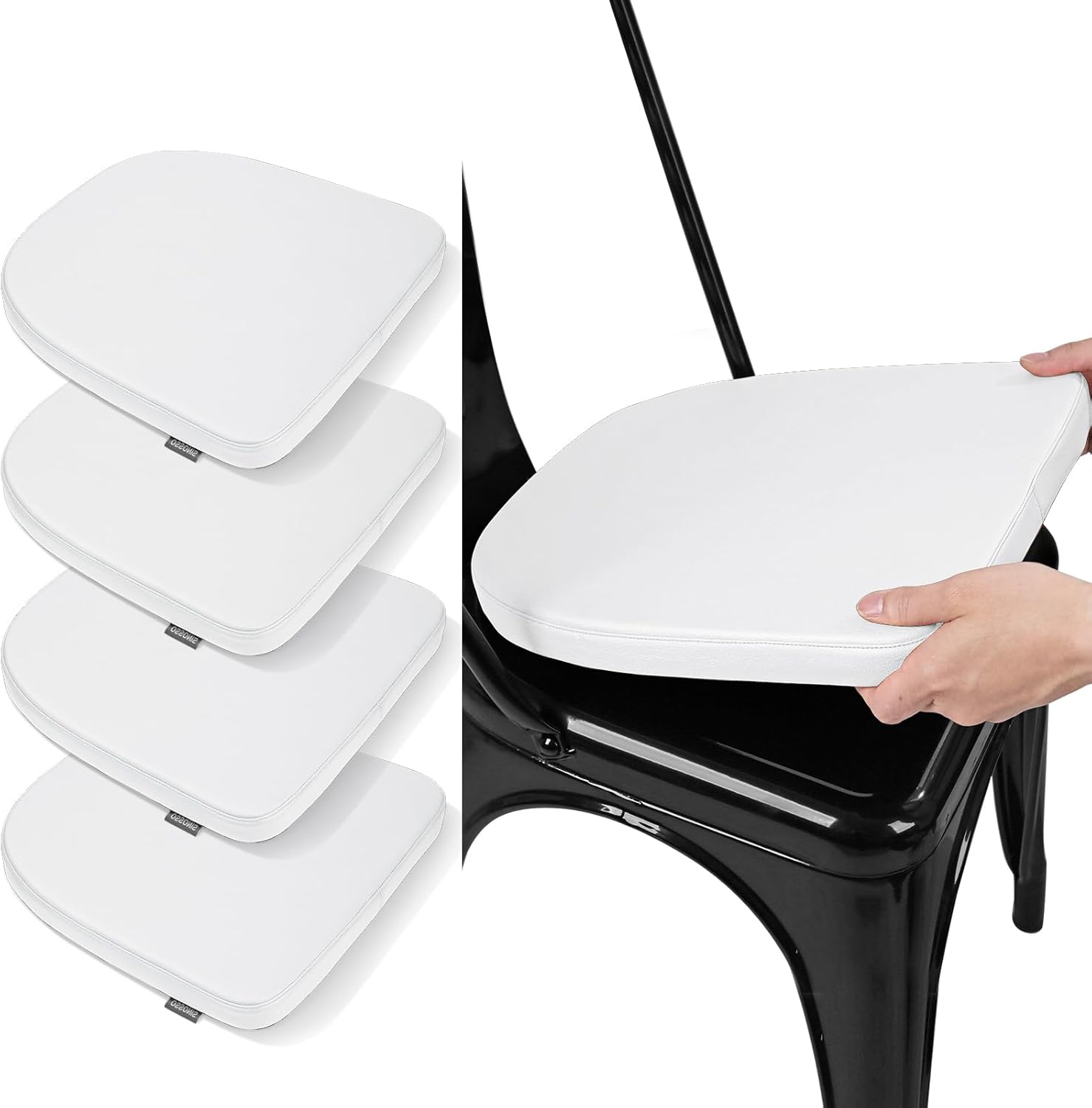 SINOSSO Modern Faux Leather 14" Metal Chair Cushions Set of 4, Leathaire Magnetic Chair Pads for Dining Kitchen Cafe Bistro Stackable Chairs (U-Shape, White, 4) U-shape-4 Pcs White