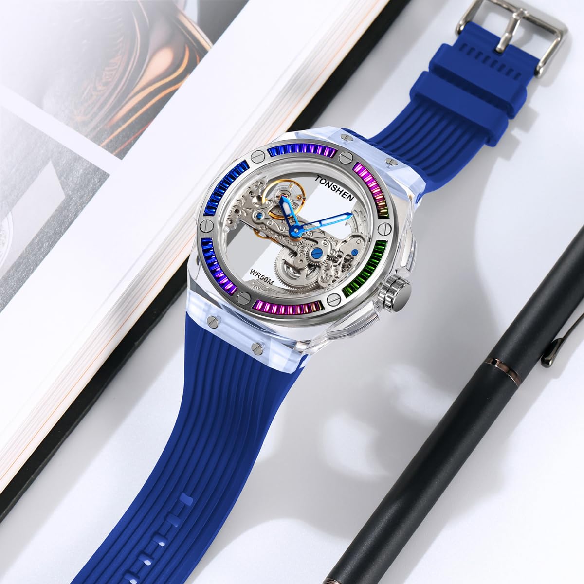 TONSHEN Fashion Acero Inoxidable Relojes da Unisex Analógico Automático Maquinaria Impermeable Reloj de Pulsera Goma Correa Hombres y Mujeres