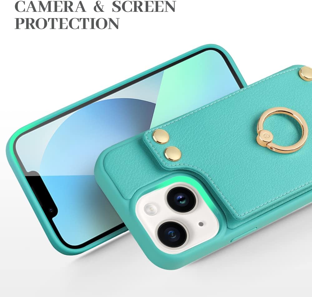 LAMEEKU Wallet Case Compatible with iPhone 13, Leather Case with Card Holder, [360°Rotation Ring Kickstand], RFID Blocking Snap Button Protective Case Designed for Apple iPhone 13 6.1'' Mint Green