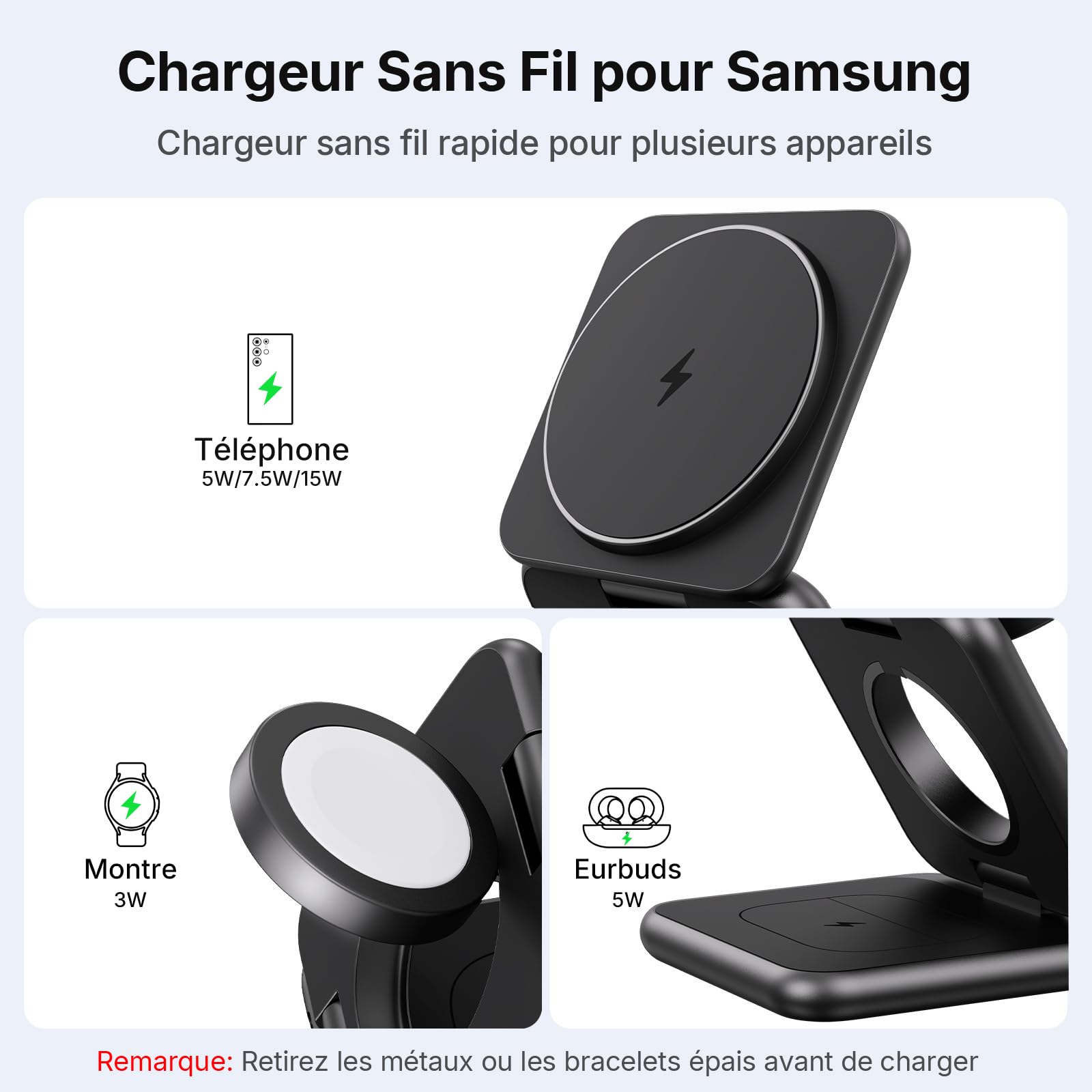KU XIU 3 en 1 Pliable Magnétique Chargeur Induction pour Samsung | Voyage Chargeur Sans Fil pour Galaxy S26 Ultra S25 Note Z Fold Flip, Station de Charge pour Galaxy Watch, pour Galaxy Buds