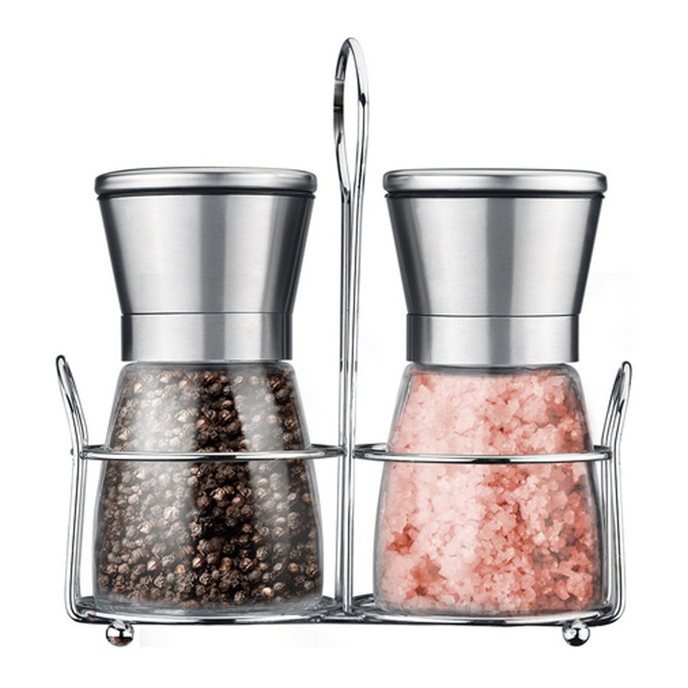 Salt Pepper Mill Grinder Set - Brushed Stainless Steel Glass Body Manual Adjustable Ceramic Grinder to Coarseness Matching Stainless Steel Stand Kitchen Accessories Cooking Tools 2 set of