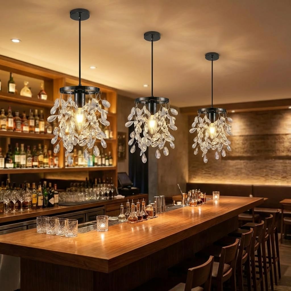 Small Crystal Chandelier, Wind Chime Pendant Light, Black Hanging Light with K9 Crystal Strings, Farmhouse Chandelier Light Fixture for Dining Room, Bedroom, Hallway, E26/E27 Base