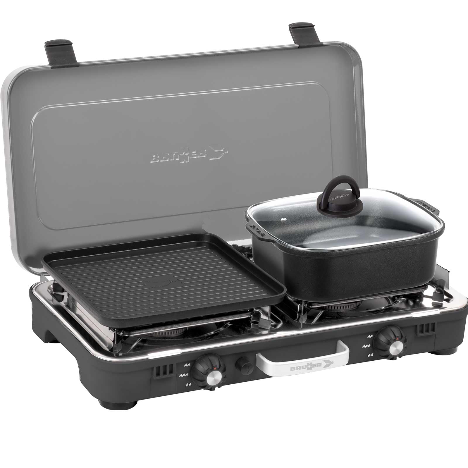 BRUNNER Camping-Kocher 2-flammig Gaskocher POWERKOOK Grillplatte Schmortopf | 2-in-1 Tisch Camping-Kocher 2-flammig Edelstahl Gasgrill & Gaskocher 50mbar 1xSchmortopf 1xGrillplatte -Gasregler Gaschlauch