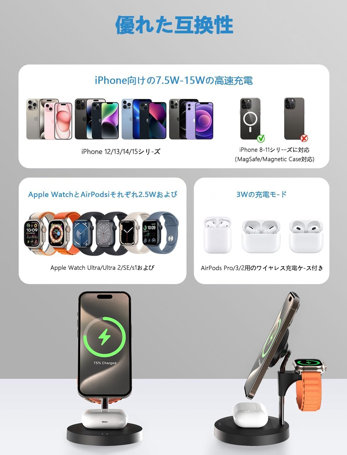 Amazon.co.jp: ワイヤレス充電器 Qi認証 3 in 1マグネット式充電