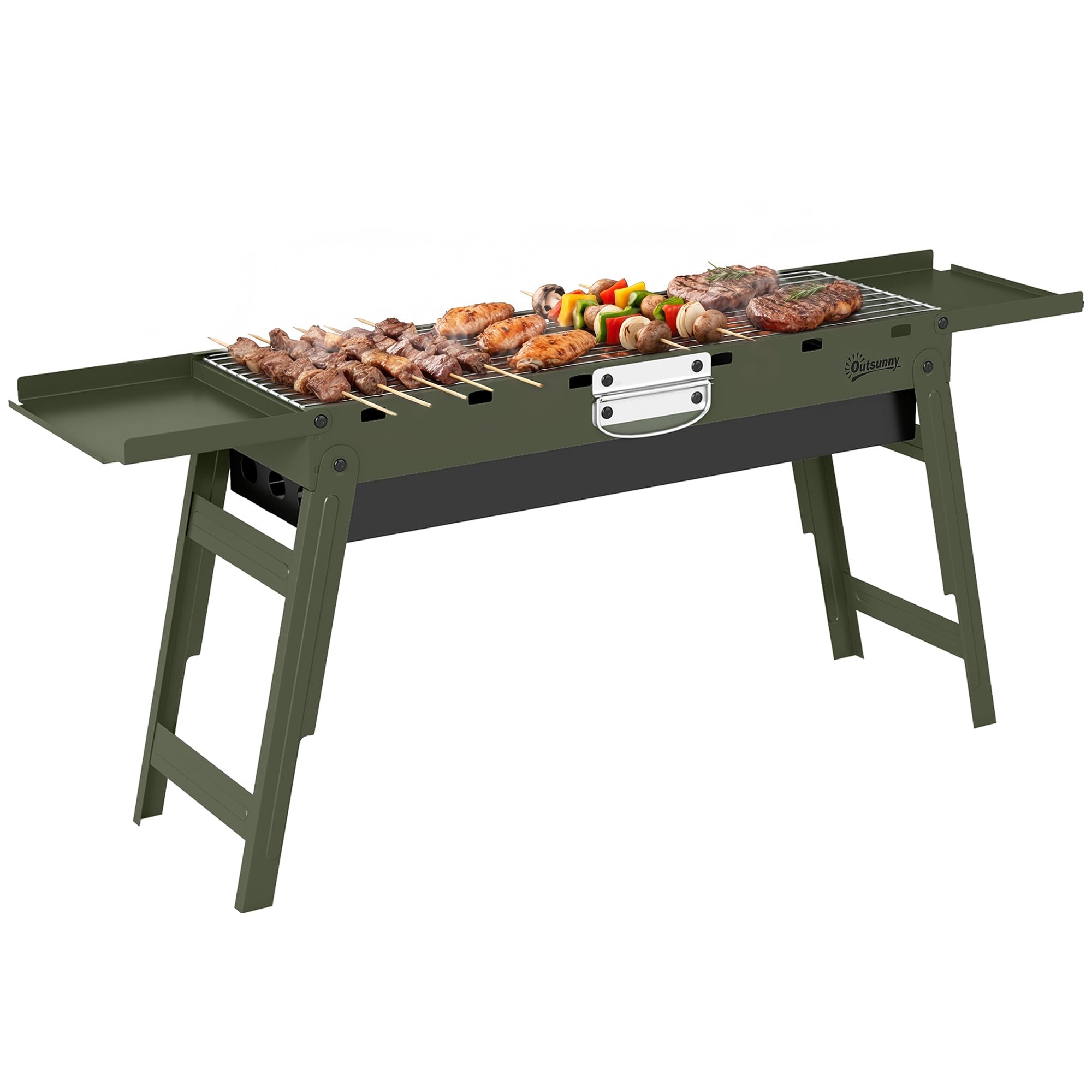 Outsunny Portable Charcoal BBQ Grill - 2 Side Shelves - Green