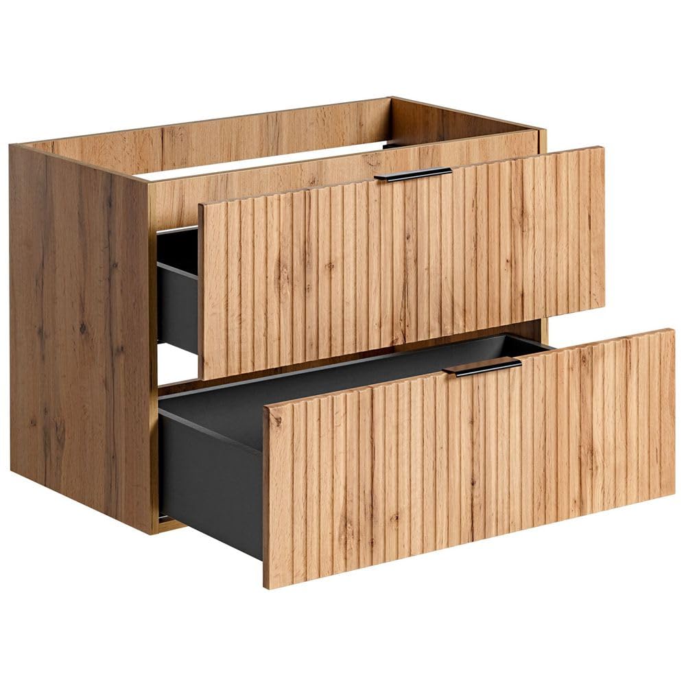 Lomadox Meuble de salle de bain - Meuble de lavabo - 80 cm - Chêne Wotan - Avec avant rainuré - 2 tiroirs à fermeture douce - Dimensions (l x H x P) : environ 80 x 57 x 46 cm