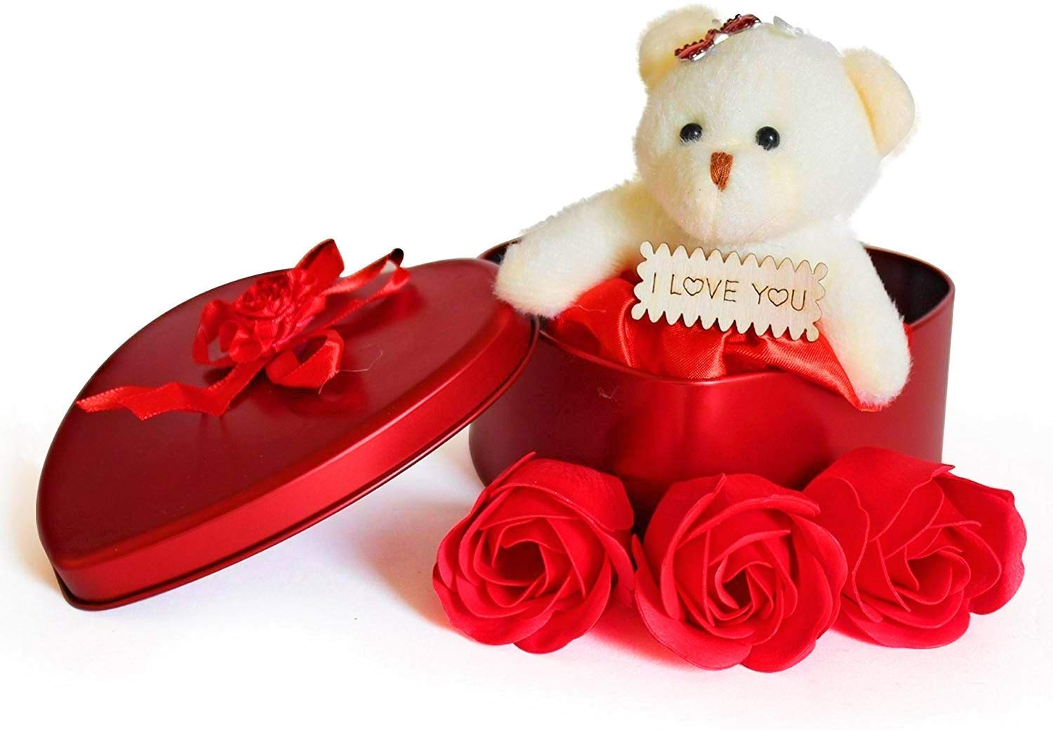 NRSON® Love Box Set |for Valentines Day Girlfriend, Wife, Fiance, Boyfriend, Husband, Love (Red, 1 Teddy, 3 Rose Bud Petal Soap, 1 Tin Box, 1 Tag), 6 Pieces, Multicolor-image-1