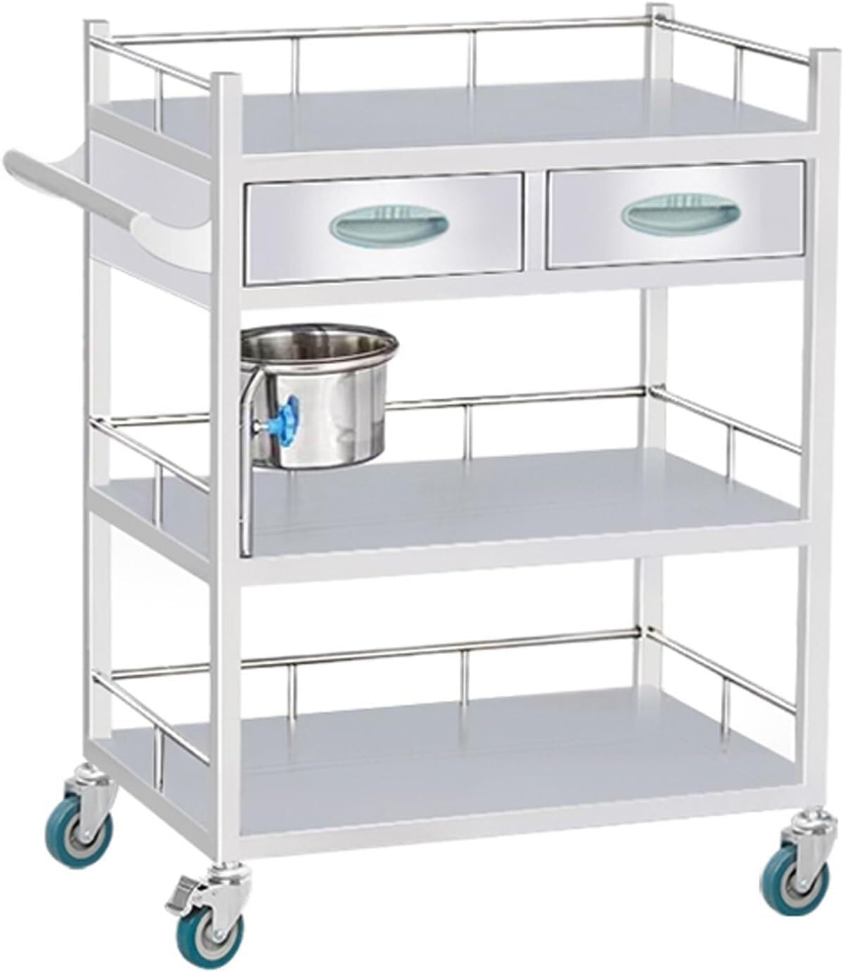 Medizinischer Wagen aus Edelstahl, 3 Ebenen, 200 kg Kapazität, mit drehbaren Rädern und Sicherheitsgeländer, für Klinik, Krankenhaus, ästhetisches Labor, Spas