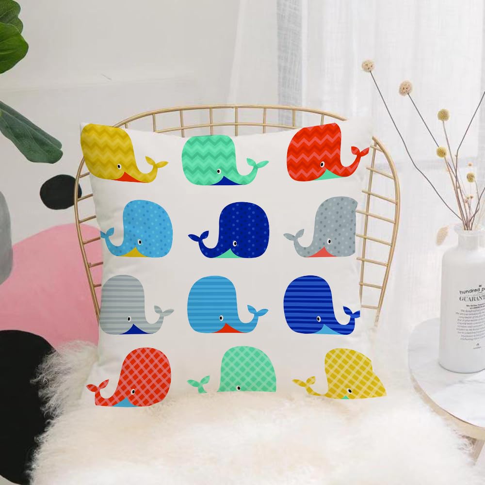 HYOSXW Cushion Cover,Throw Pillow Case Home Decorative for Living Room Bedroom Sofa Chair 16X16 Inch,Children, fish sea l funny Colorful whales in stripes dots geometric zigzag,Pillowcase 40X40cm