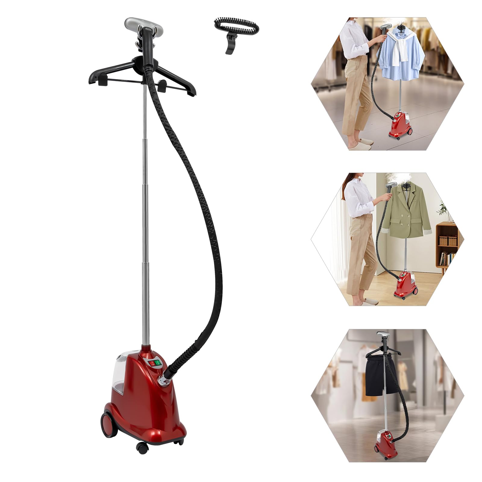 Dampfglätter, 2200W Garment Steamer - Profi Steamer für Textilarten, Vertikaler Dampfbügler mit 3L Wassertank, Antibakterielle Dampfbürste, Drei Stufen Einstellbar (Schwarz+Rot)